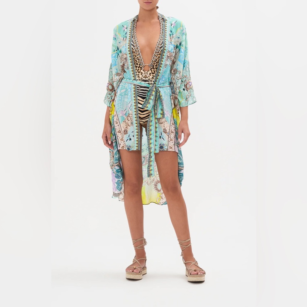 Camilla “Turn Back Time” blue yellow silk scoop back coverup tunic boho dress OS